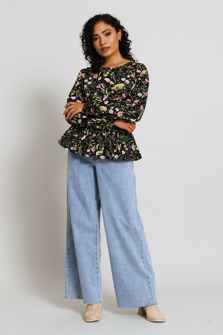 Puff Sleeve Round-Neck Peplum Blouse - Multi