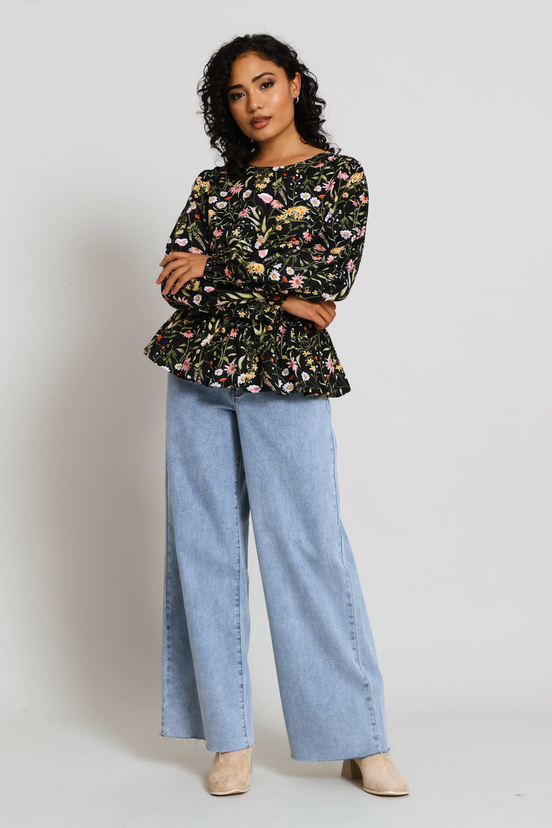 Puff Sleeve Round-Neck Peplum Blouse - Multi