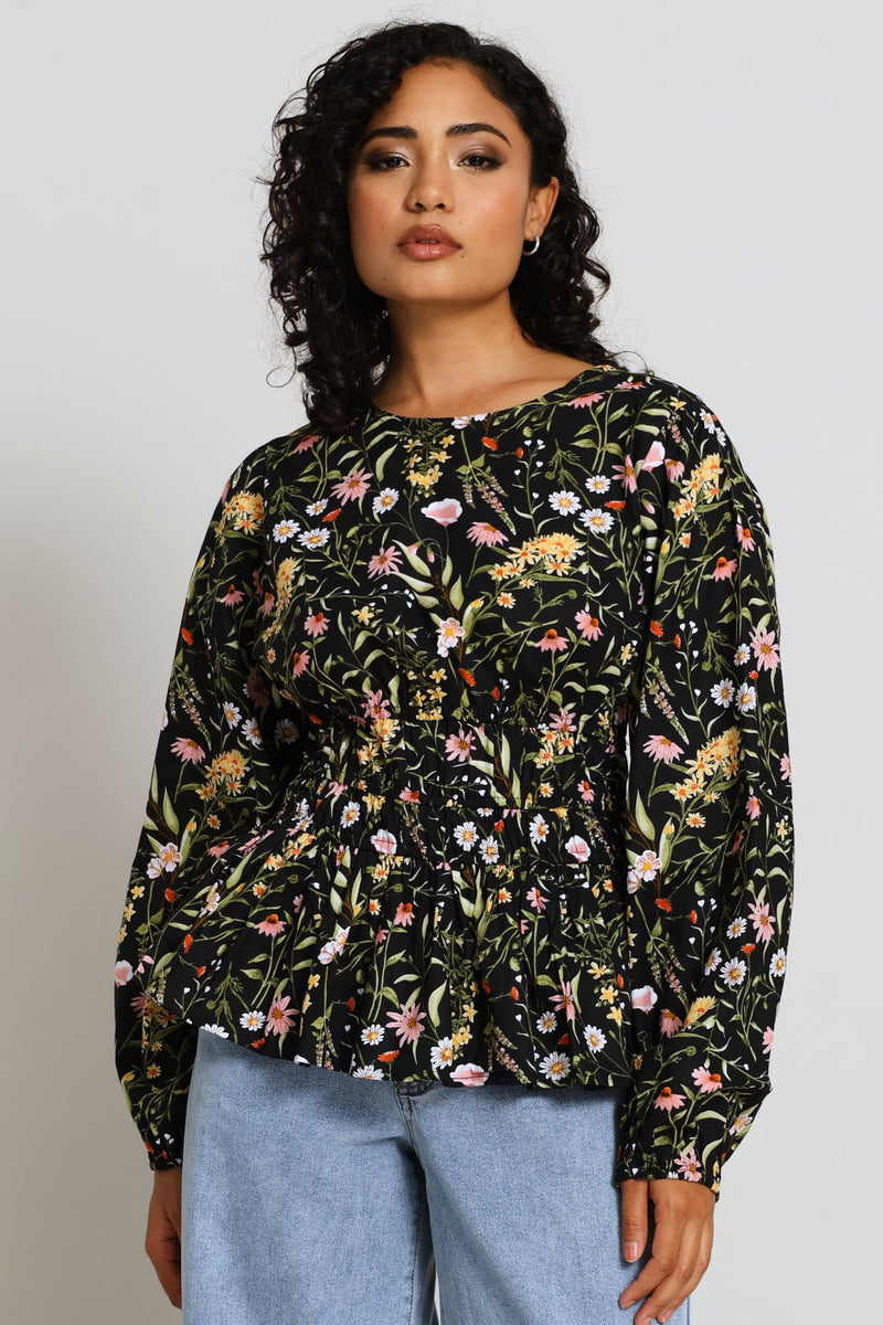 Puff Sleeve Round-Neck Peplum Blouse - Multi