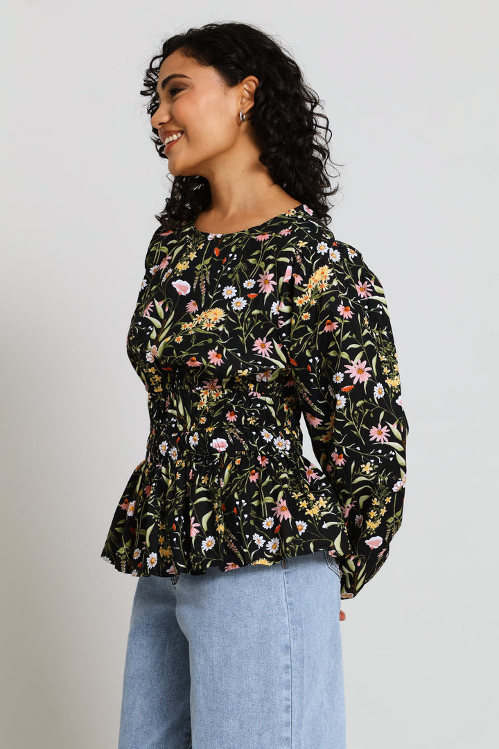 Puff Sleeve Round-Neck Peplum Blouse - Multi