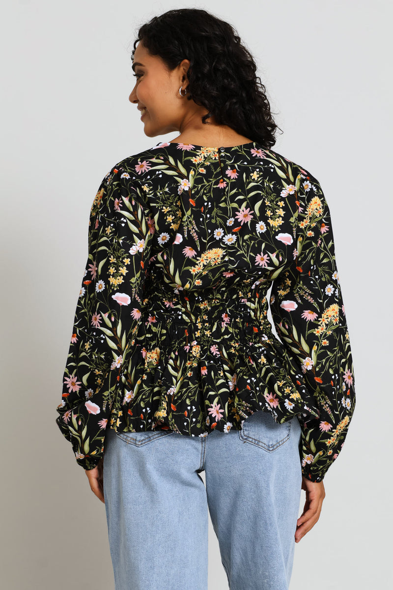 Puff Sleeve Round-Neck Peplum Blouse - Multi