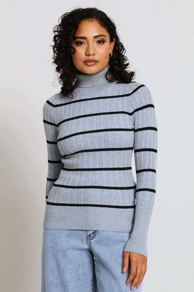 Ribbed Stripe Poloneck - Grey/Black