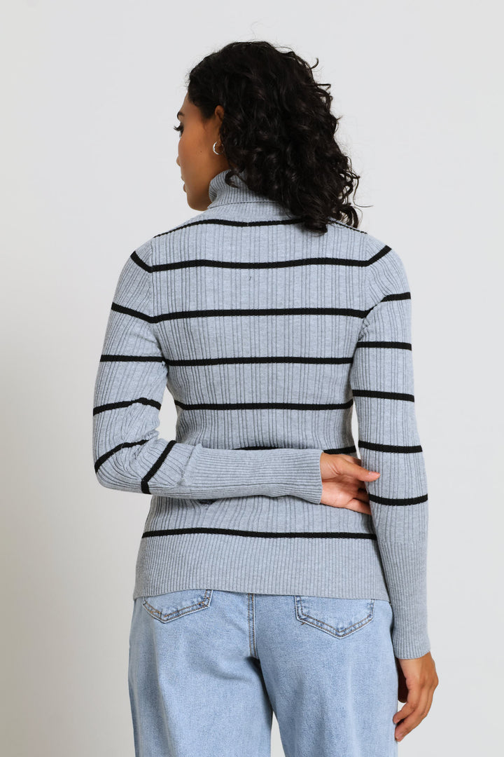 Ribbed Stripe Poloneck - Grey/Black