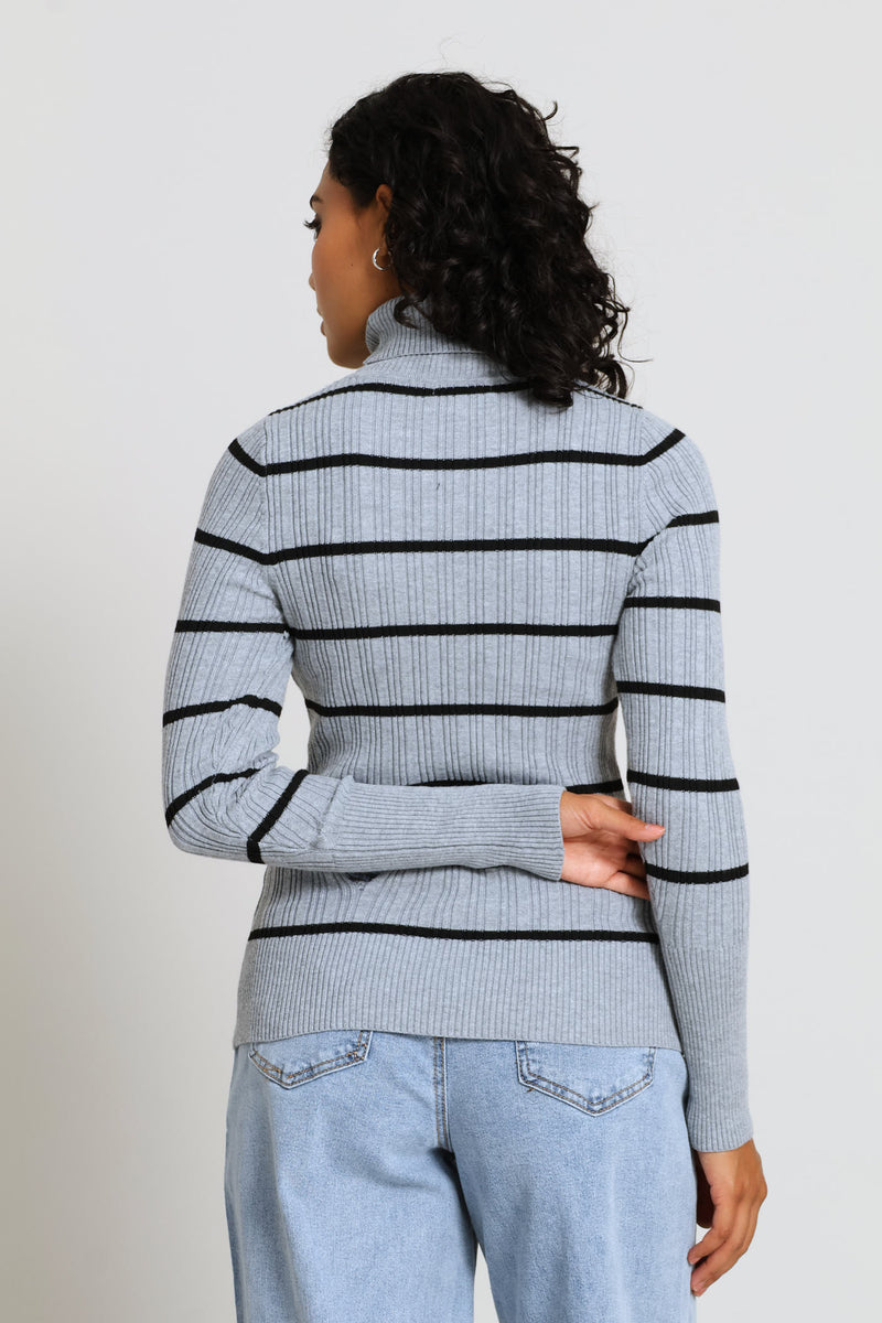 Ribbed Stripe Poloneck - Grey/Black
