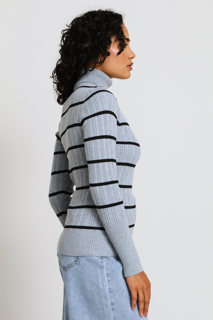 Ribbed Stripe Poloneck - Grey/Black