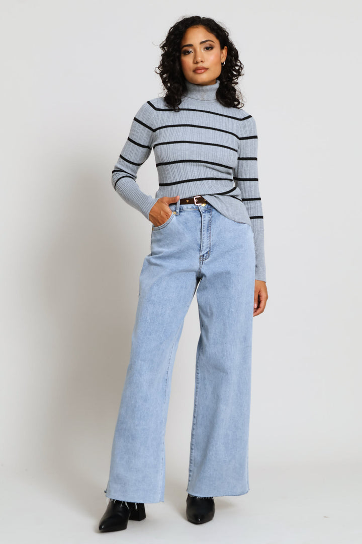 Ribbed Stripe Poloneck - Grey/Black
