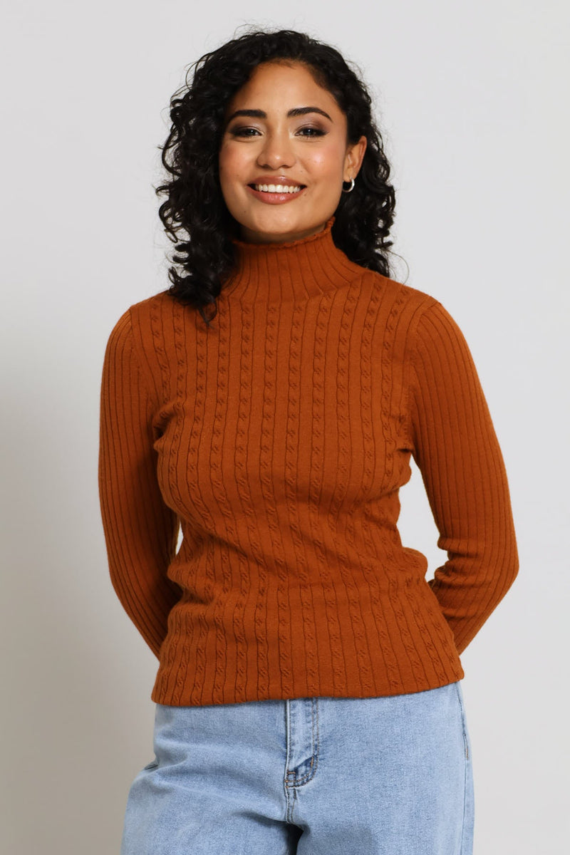 Plain Cable Turtleneck - Ginger