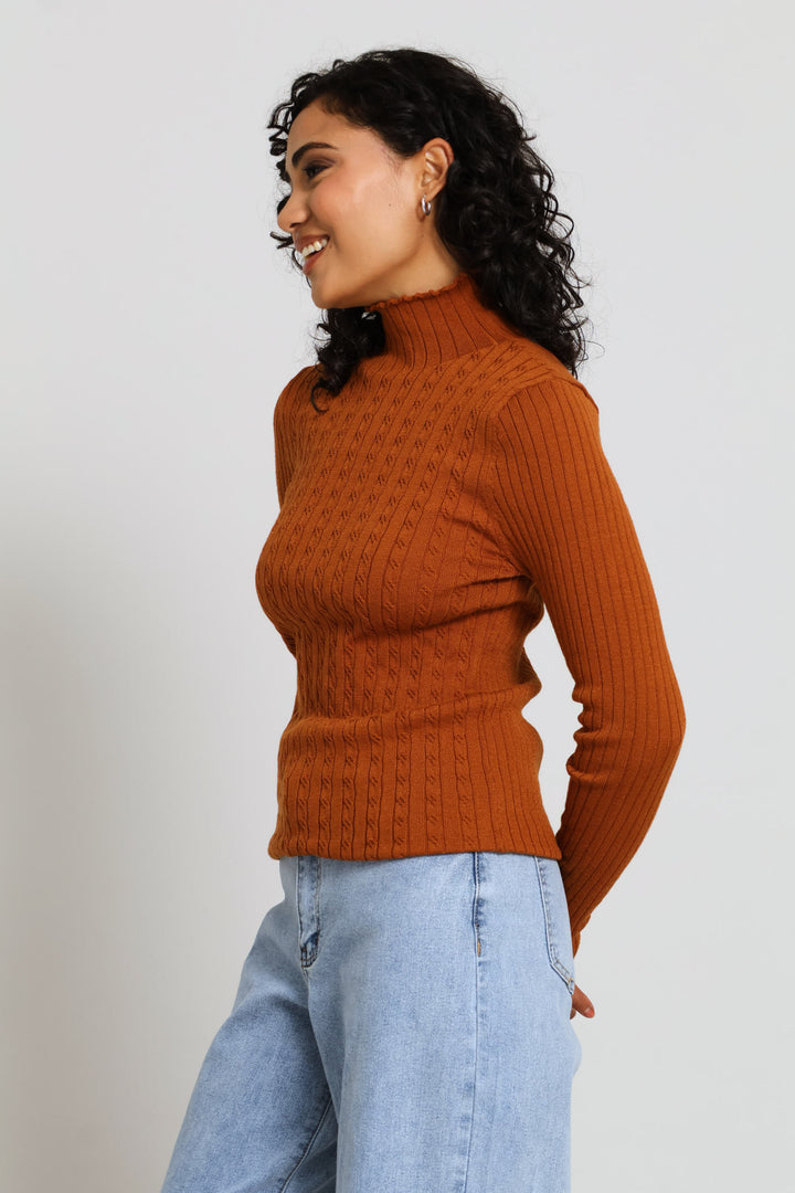 Plain Cable Turtleneck - Ginger