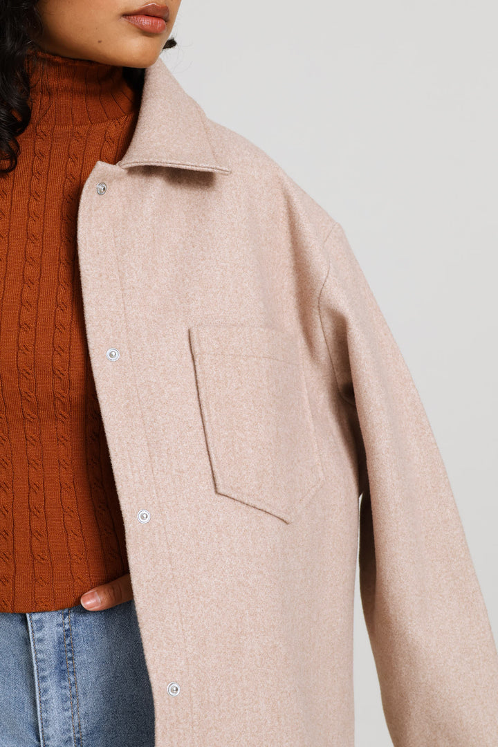 Button Through Oversized Heavy Lined Melton Jacket - Oatmeal Melange