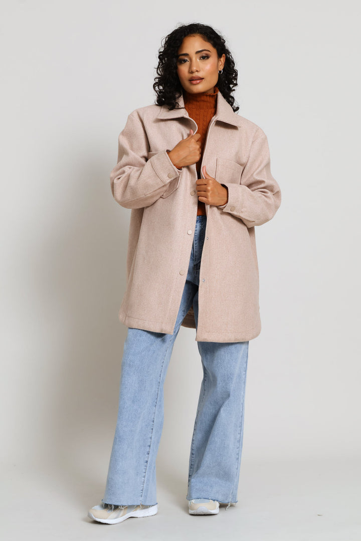 Button Through Oversized Heavy Lined Melton Jacket - Oatmeal Melange