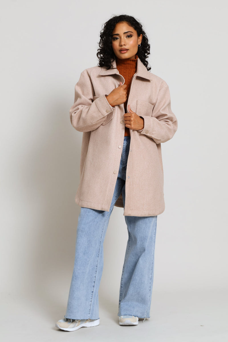 Button Through Oversized Heavy Lined Melton Jacket - Oatmeal Melange