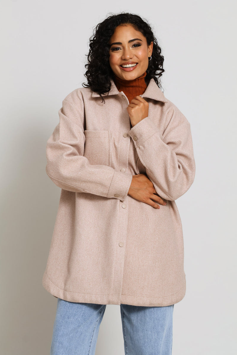 Button Through Oversized Heavy Lined Melton Jacket - Oatmeal Melange