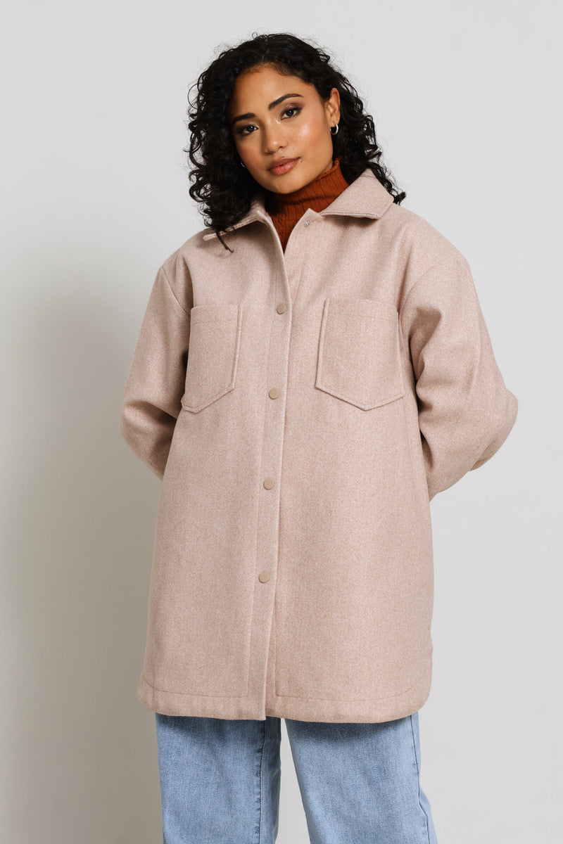Button Through Oversized Heavy Lined Melton Jacket - Oatmeal Melange