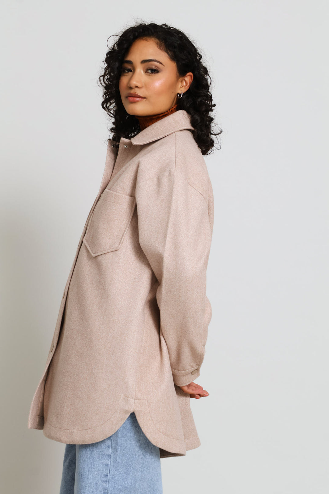 Button Through Oversized Heavy Lined Melton Jacket - Oatmeal Melange
