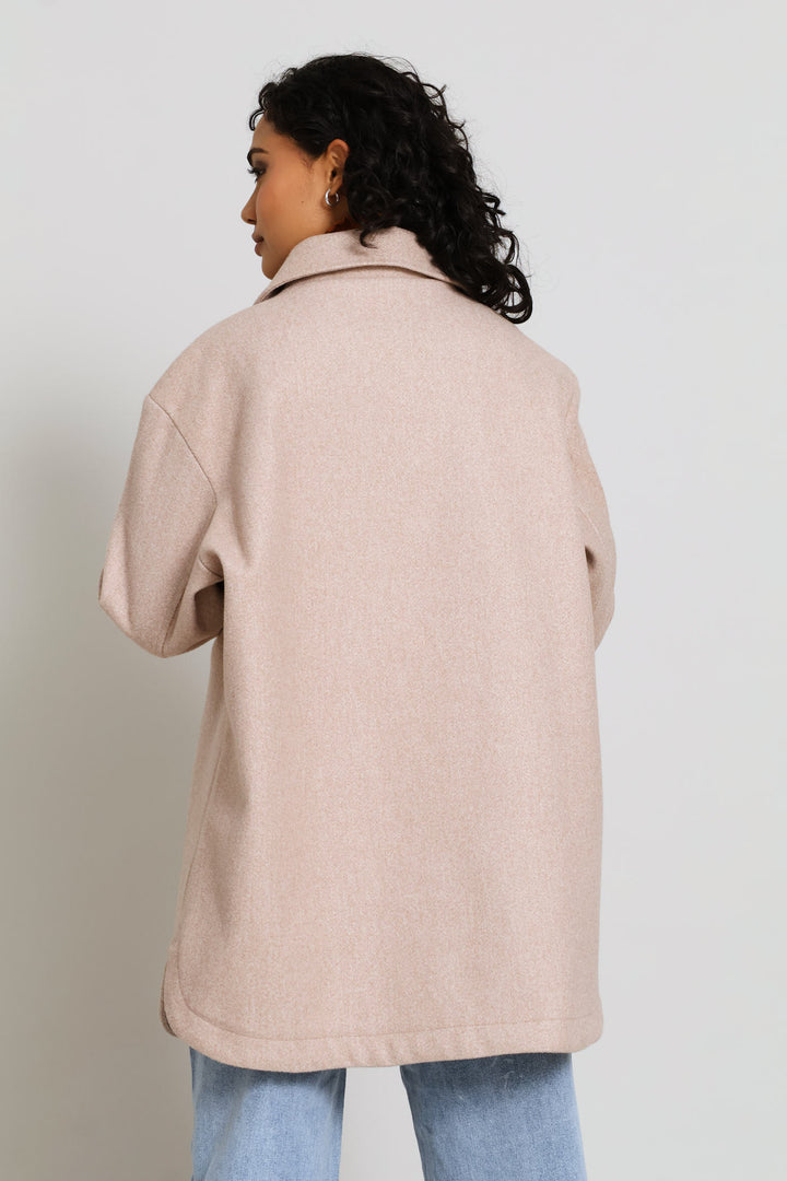 Button Through Oversized Heavy Lined Melton Jacket - Oatmeal Melange