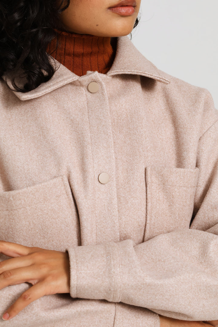 Button Through Oversized Heavy Lined Melton Jacket - Oatmeal Melange