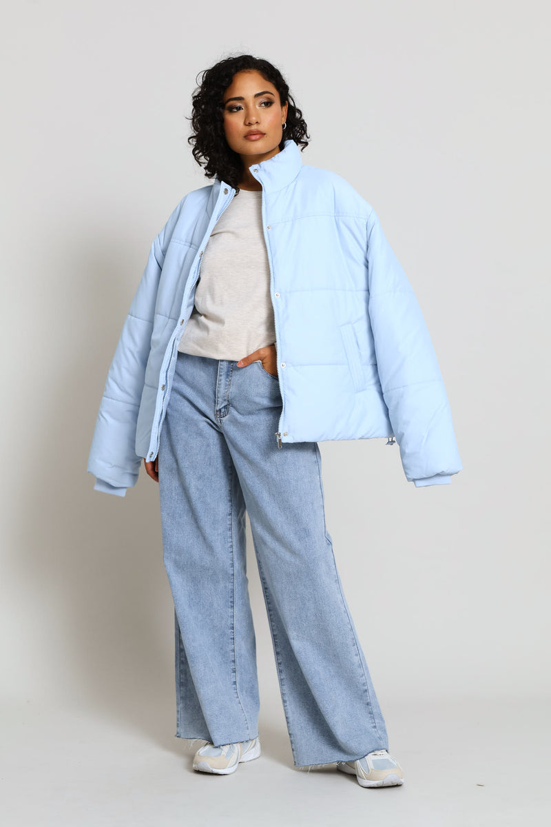Long Sleeve Concealed Front Quilted Puffer Jacket - Light Blue
