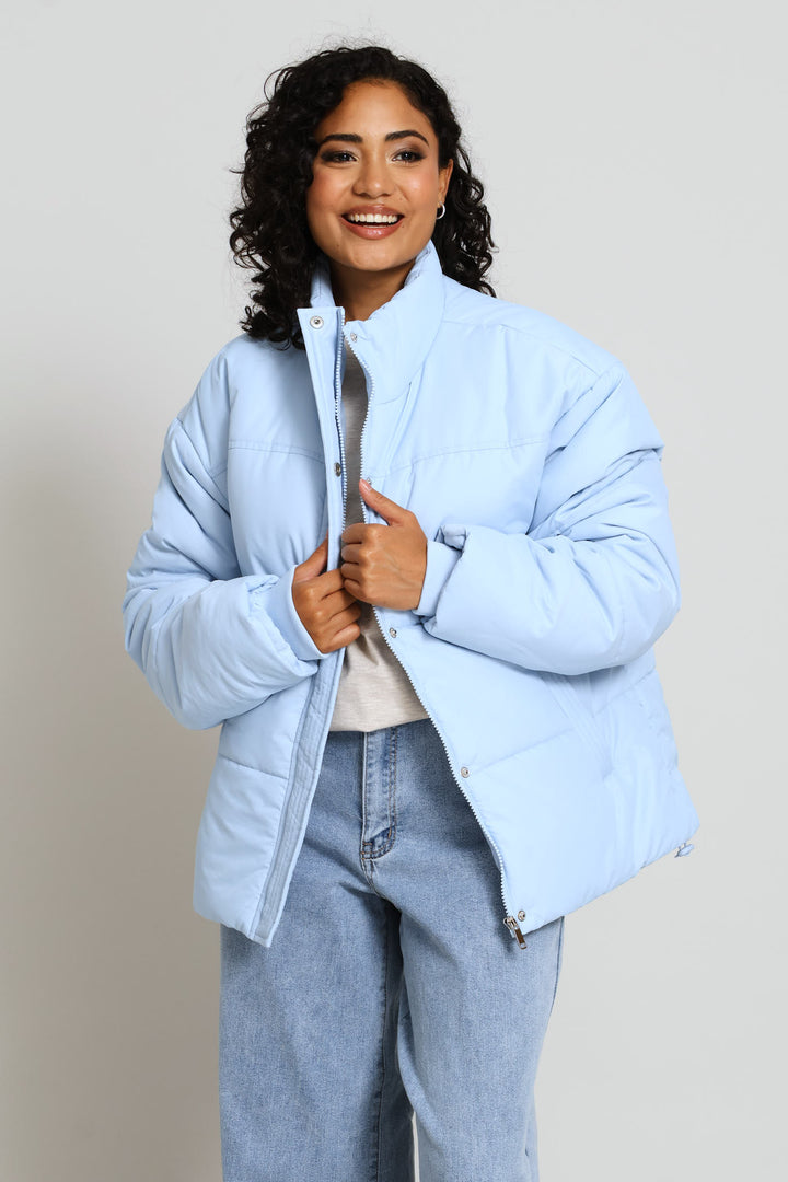 Long Sleeve Concealed Front Quilted Puffer Jacket - Light Blue