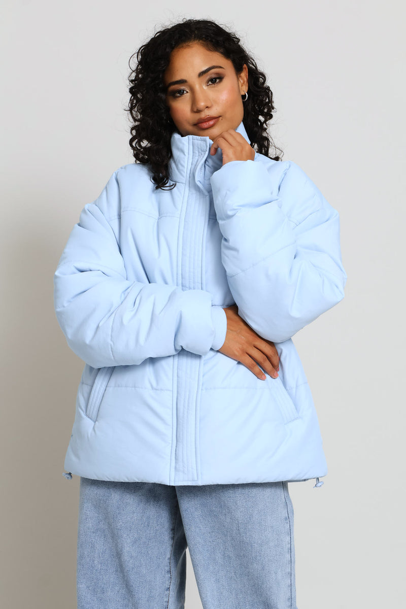 Long Sleeve Concealed Front Quilted Puffer Jacket - Light Blue