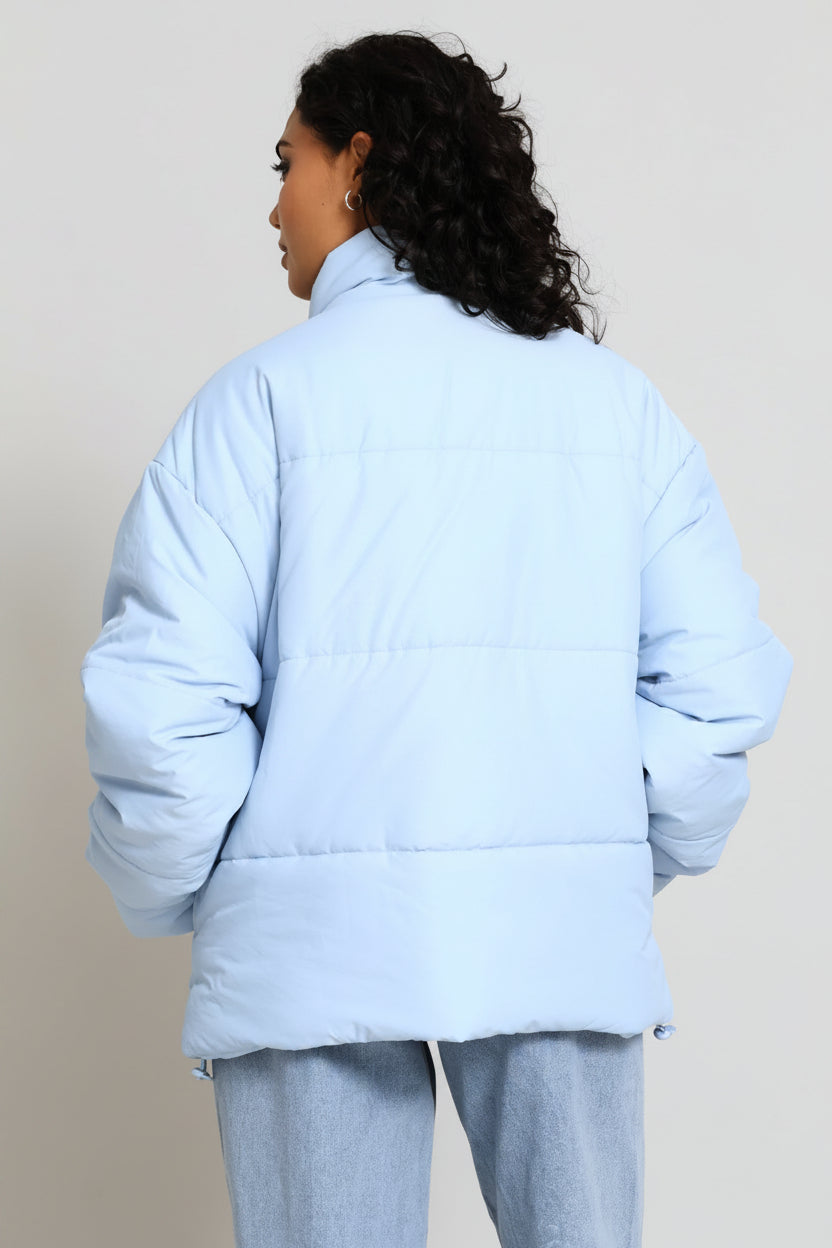Long Sleeve Concealed Front Quilted Puffer Jacket - Light Blue
