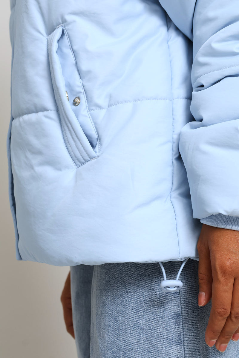 Long Sleeve Concealed Front Quilted Puffer Jacket - Light Blue