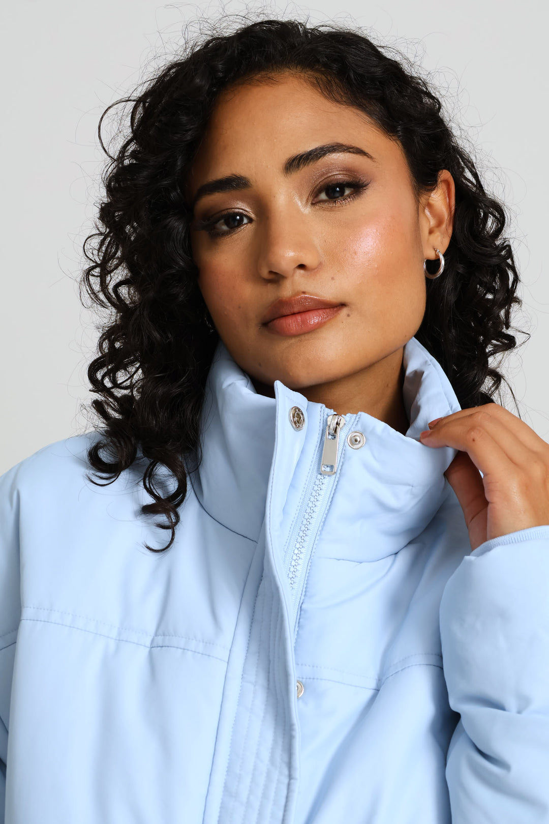Long Sleeve Concealed Front Quilted Puffer Jacket - Light Blue