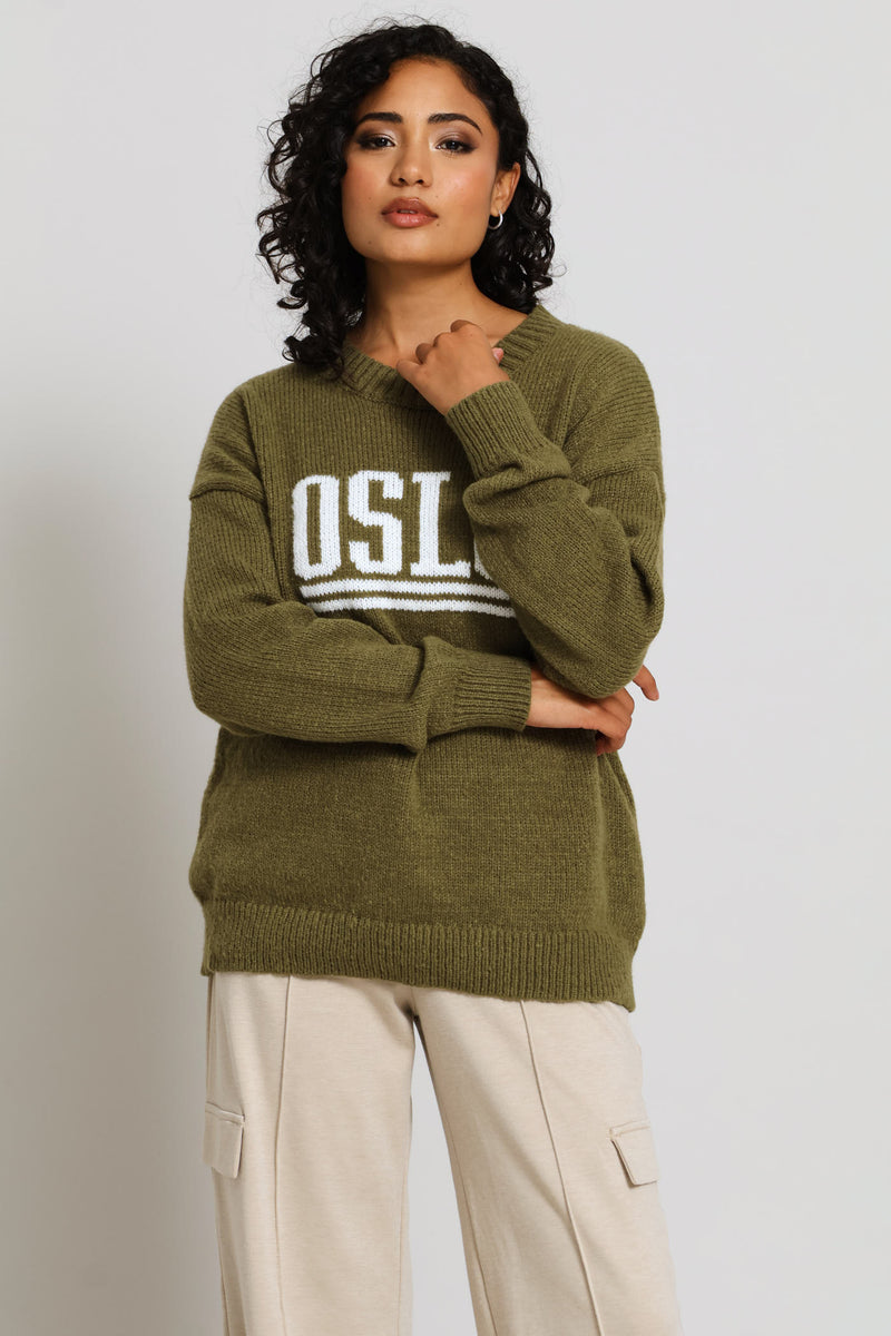 Long Sleeve Slogan Sweater - Fatigue