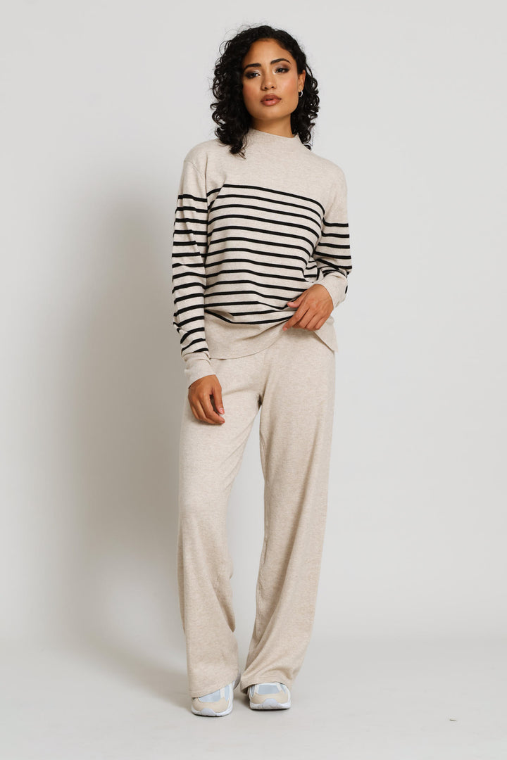 Pull On Knitwear Wide Leg Pants - Oatmeal Melange