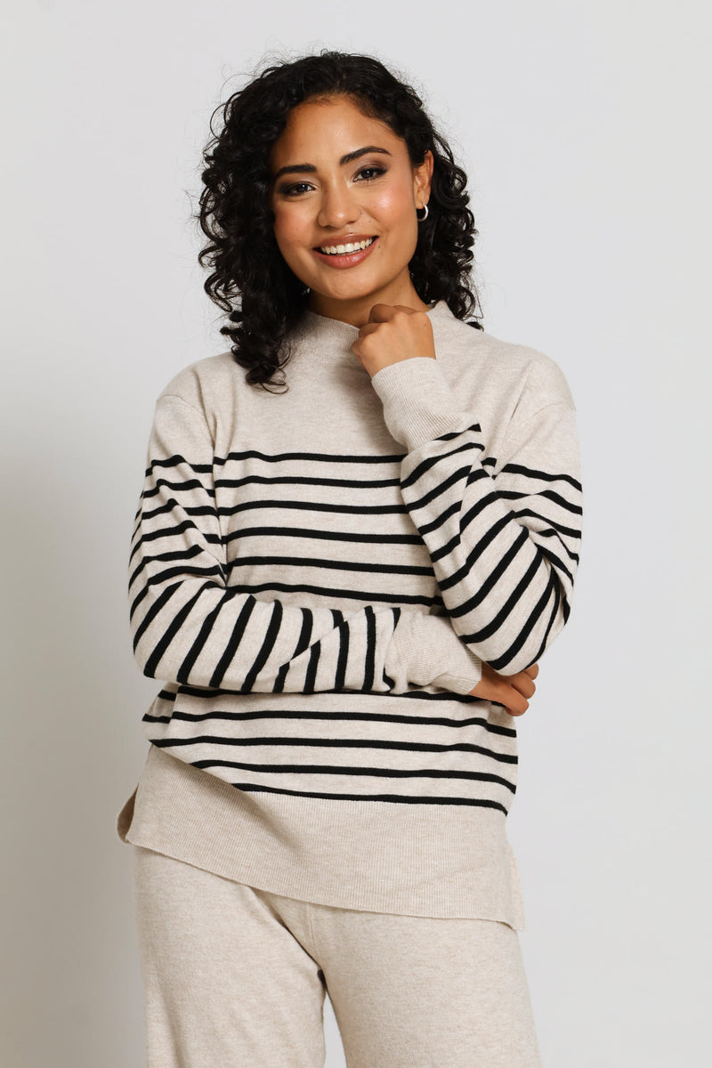 Side Slit Stripe Pullover - Oatmeal Melange