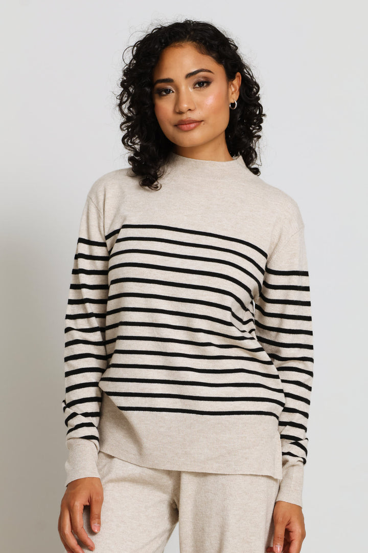 Side Slit Stripe Pullover - Oatmeal Melange