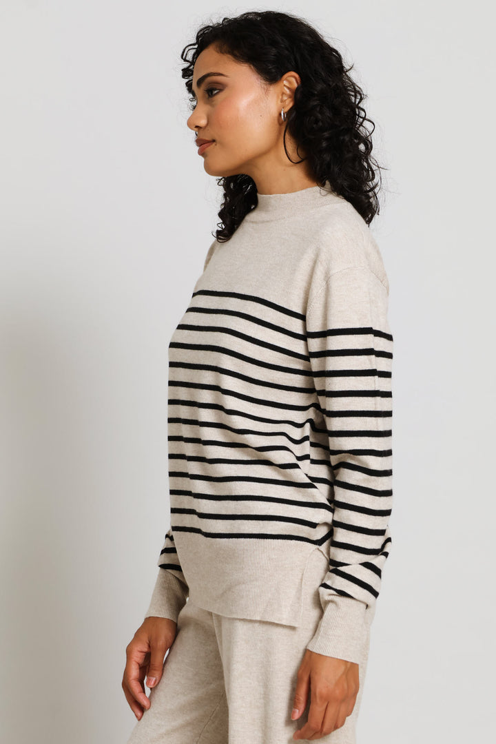 Side Slit Stripe Pullover - Oatmeal Melange