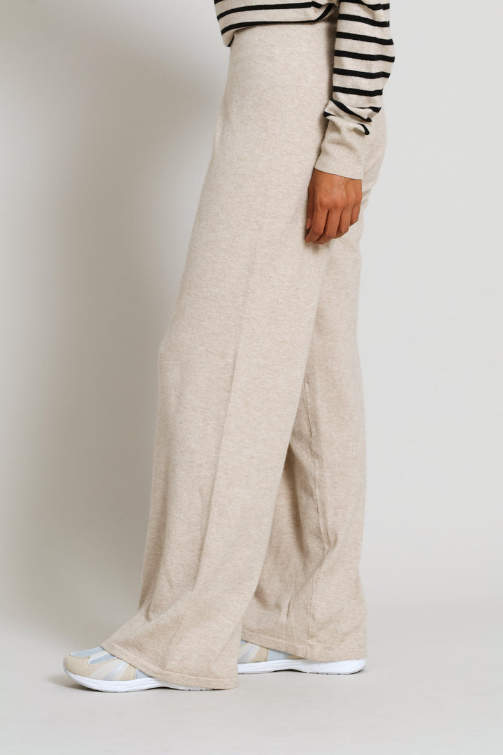 Pull On Knitwear Wide Leg Pants - Oatmeal Melange