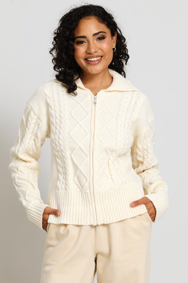 Multi Cable Zip Through Knitwear - Shell
