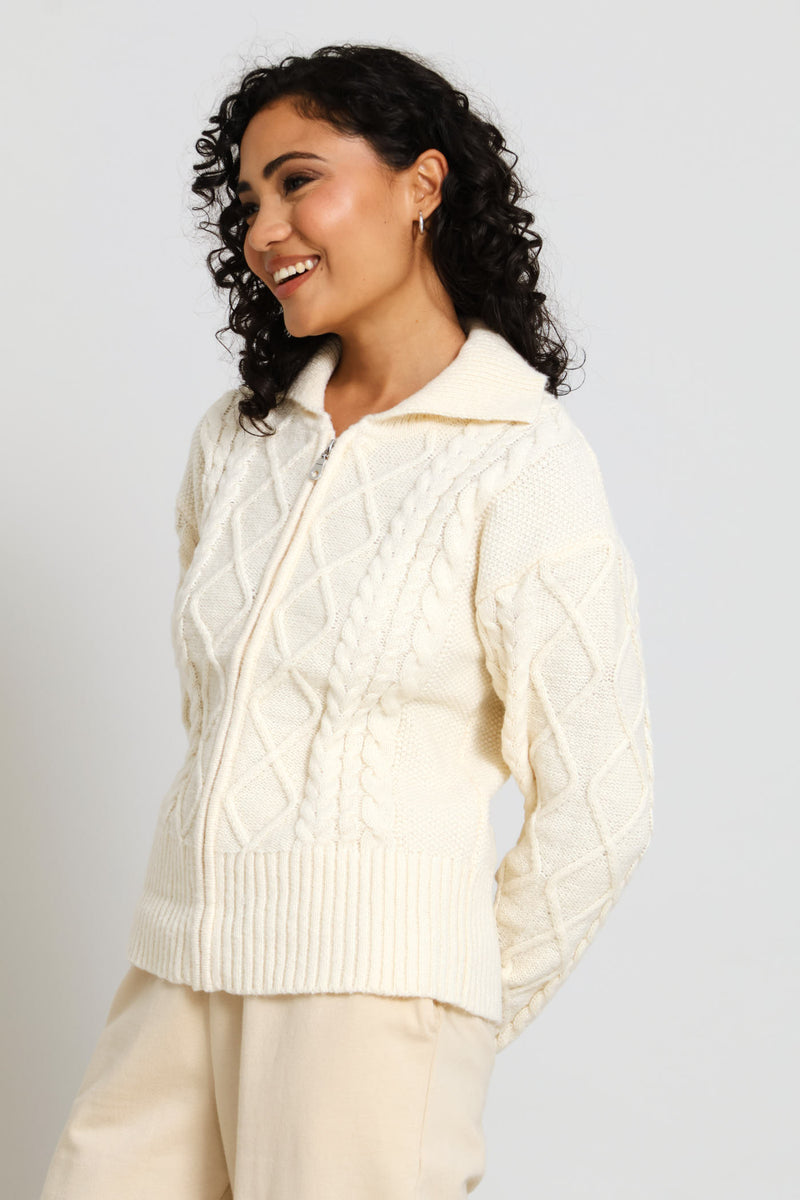 Multi Cable Zip Through Knitwear - Shell
