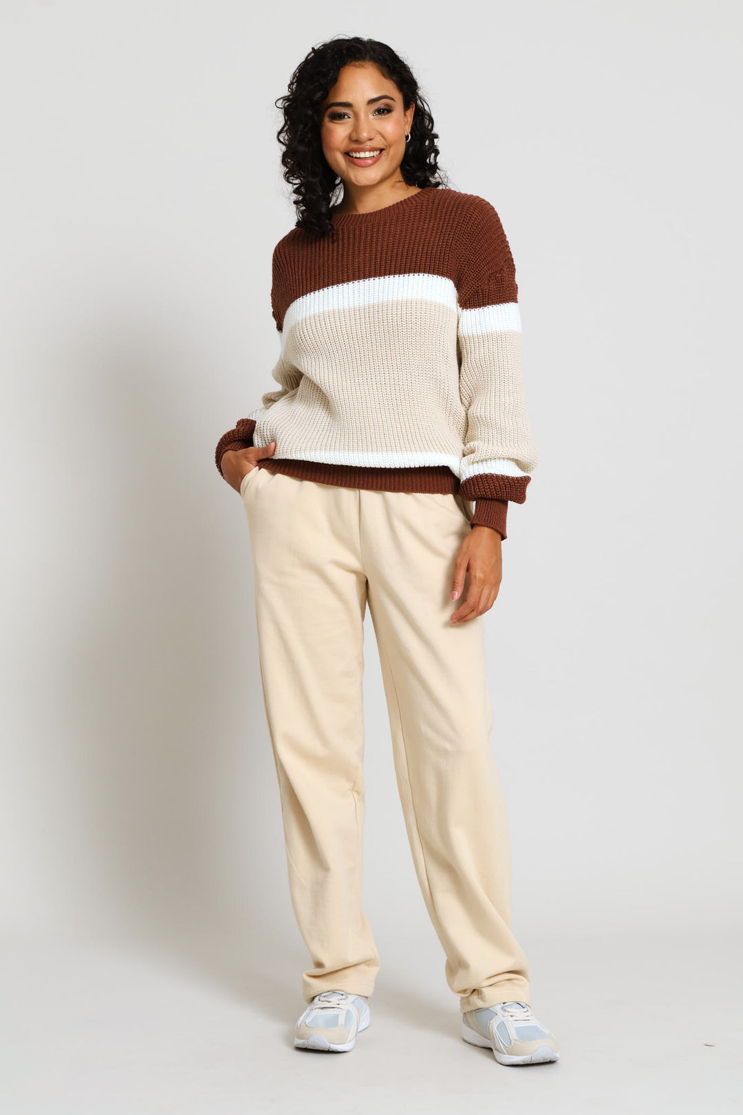 Chunky Colour Block Knitwear - Cream