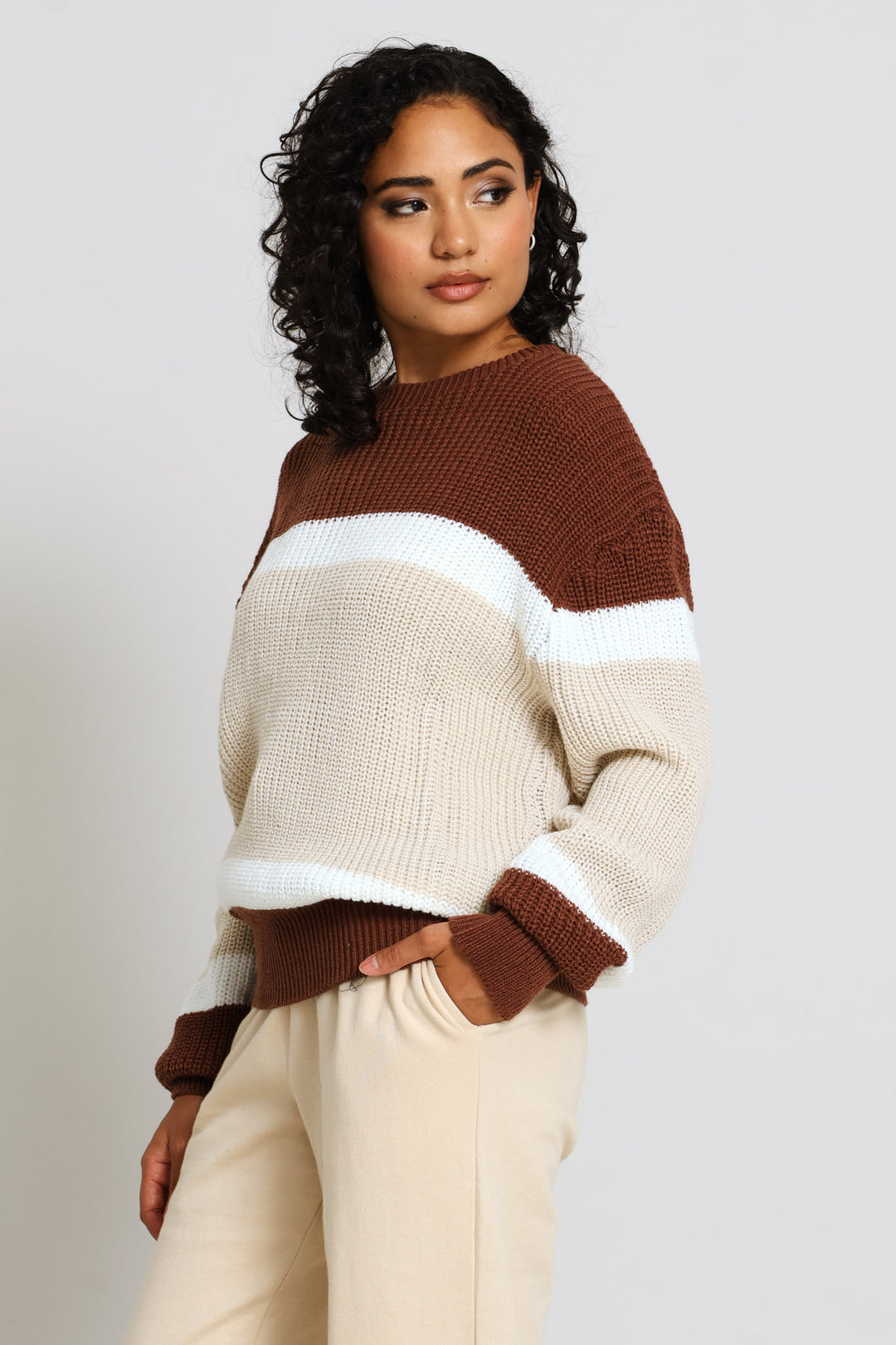 Chunky Colour Block Knitwear - Cream