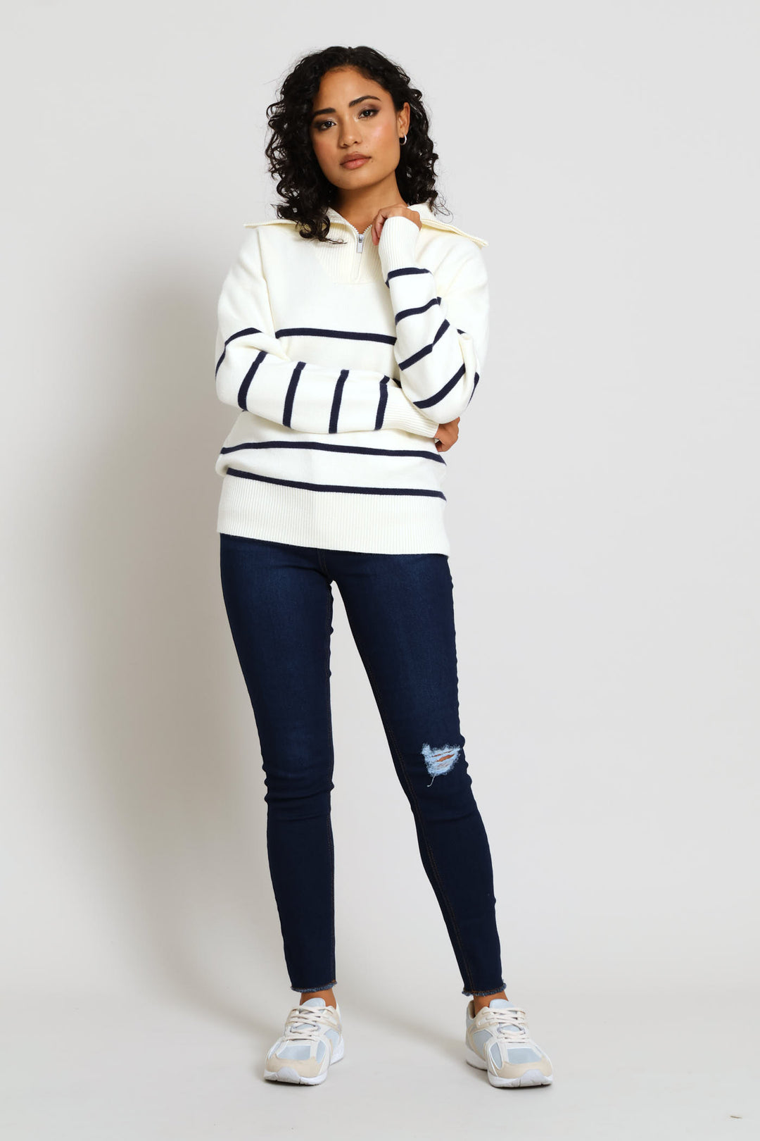 Quarter Zip Funnel Neck Luxe Striped Pullover - Cream/Navy