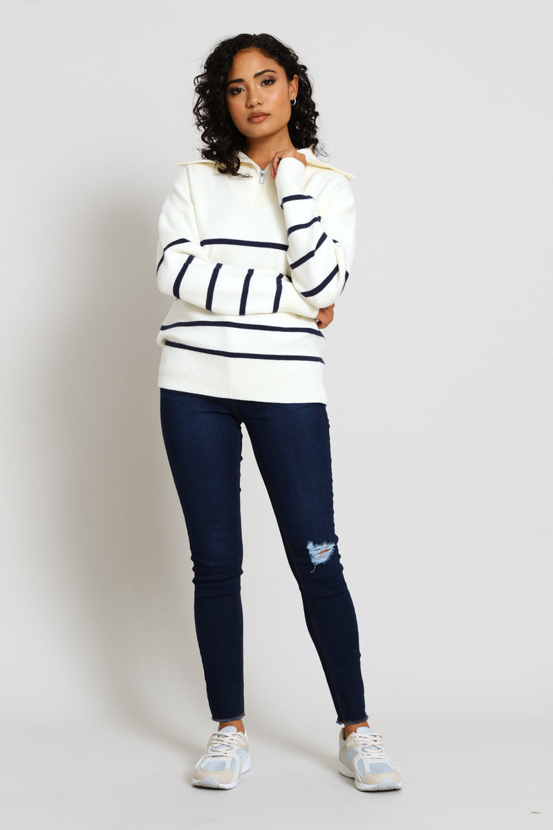 Quarter Zip Funnel Neck Luxe Striped Pullover - Cream/Navy