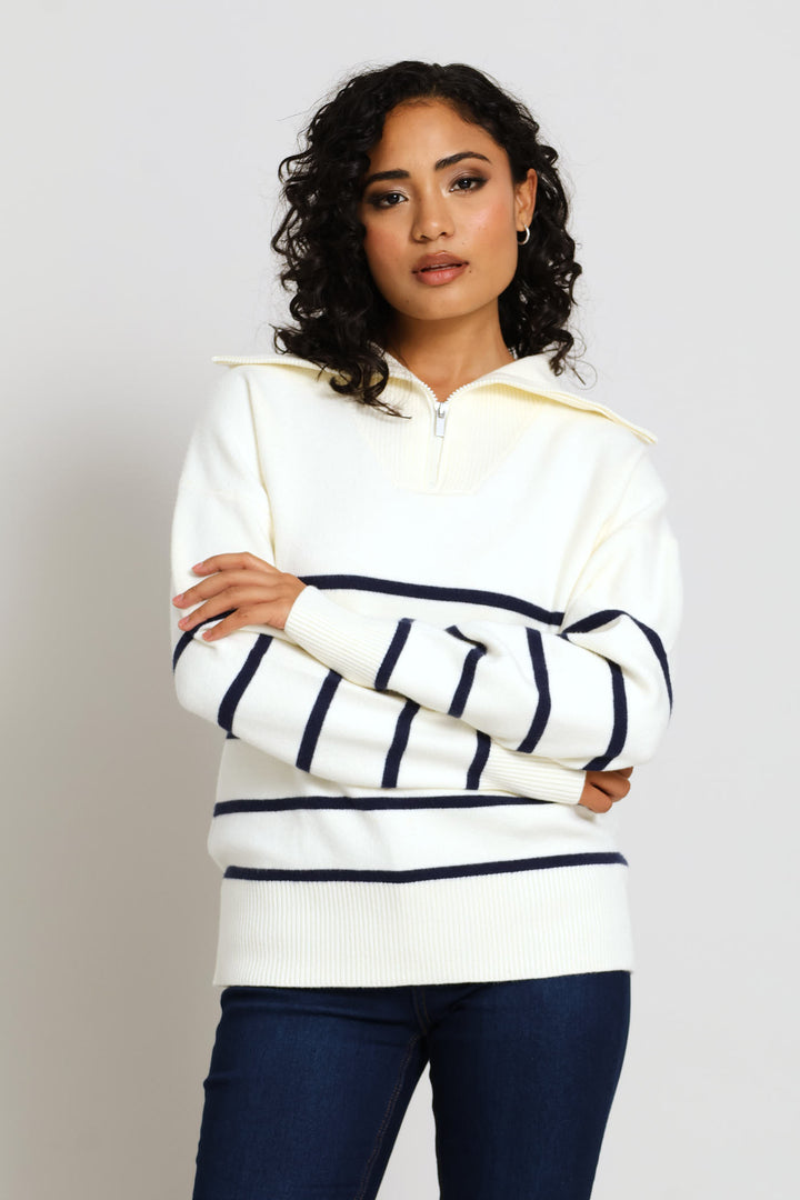 Quarter Zip Funnel Neck Luxe Striped Pullover - Cream/Navy