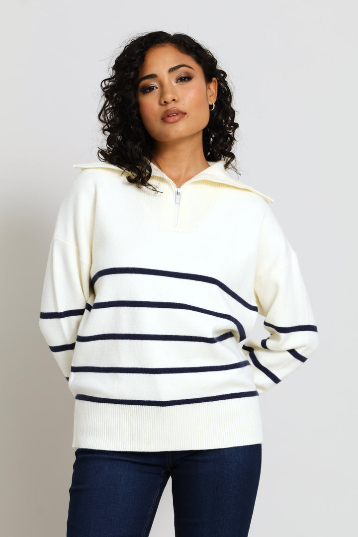 Quarter Zip Funnel Neck Luxe Striped Pullover - Cream/Navy