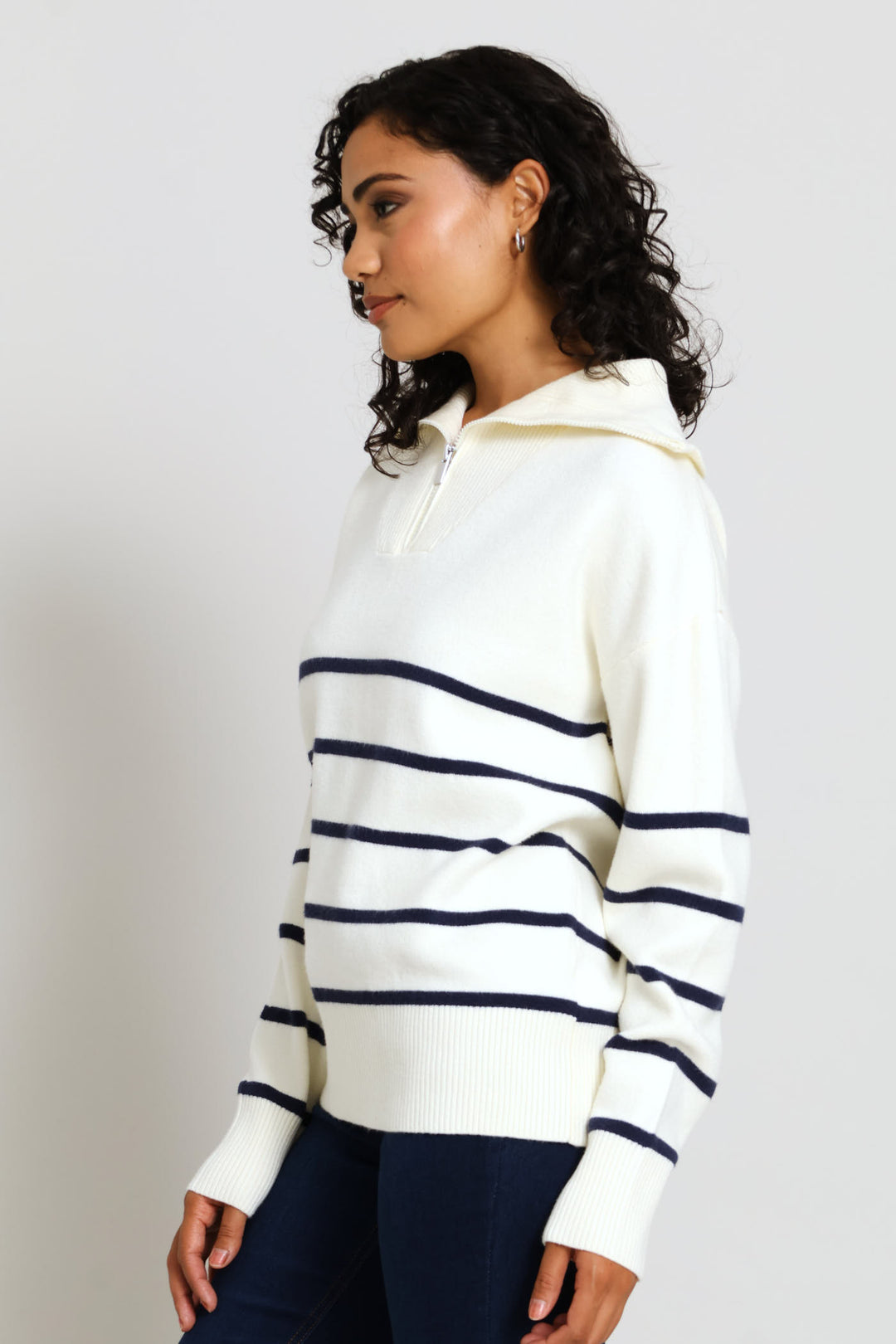 Quarter Zip Funnel Neck Luxe Striped Pullover - Cream/Navy