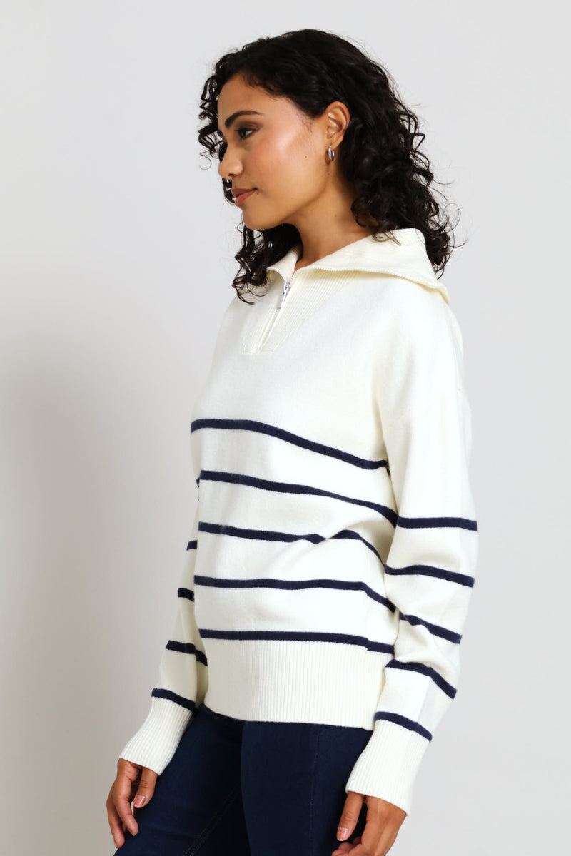 Quarter Zip Funnel Neck Luxe Striped Pullover - Cream/Navy
