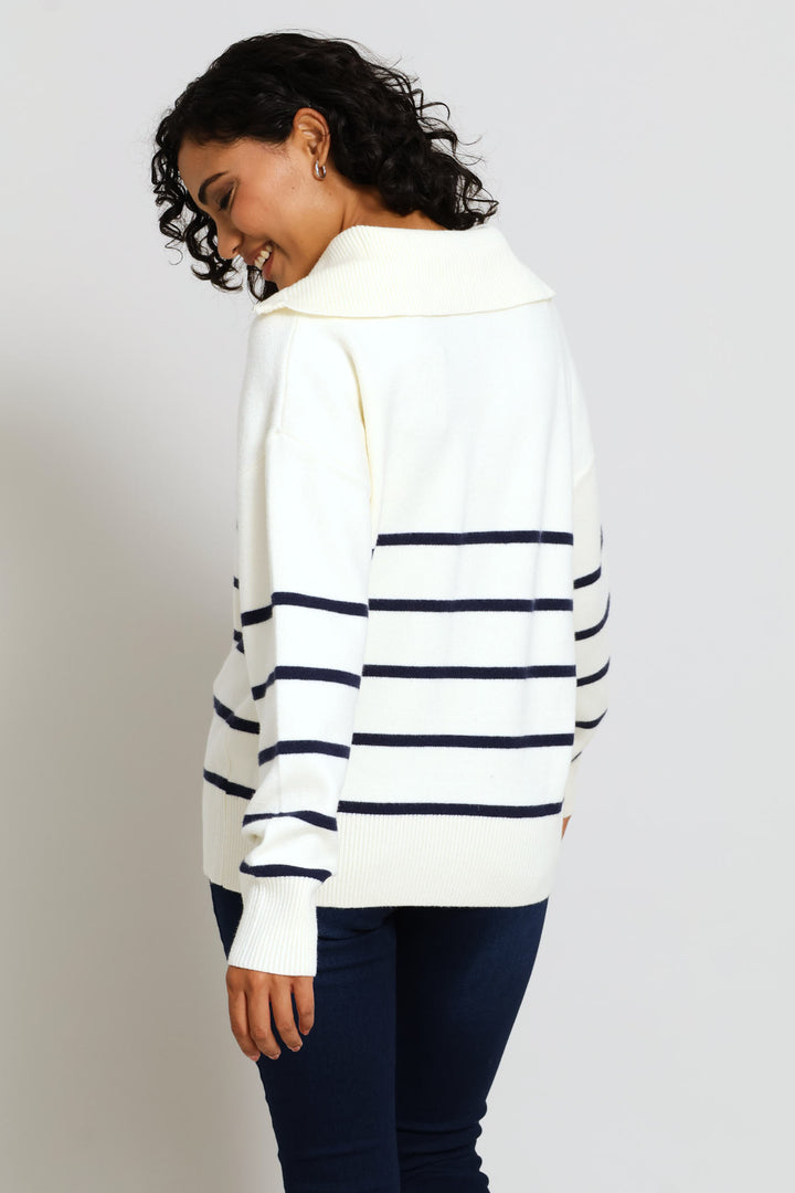 Quarter Zip Funnel Neck Luxe Striped Pullover - Cream/Navy