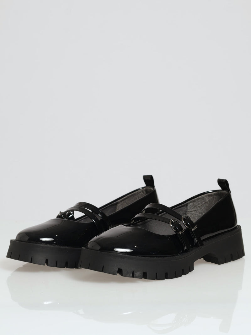 Chunky Double Strap Patent Mary Jane Loafer - Black