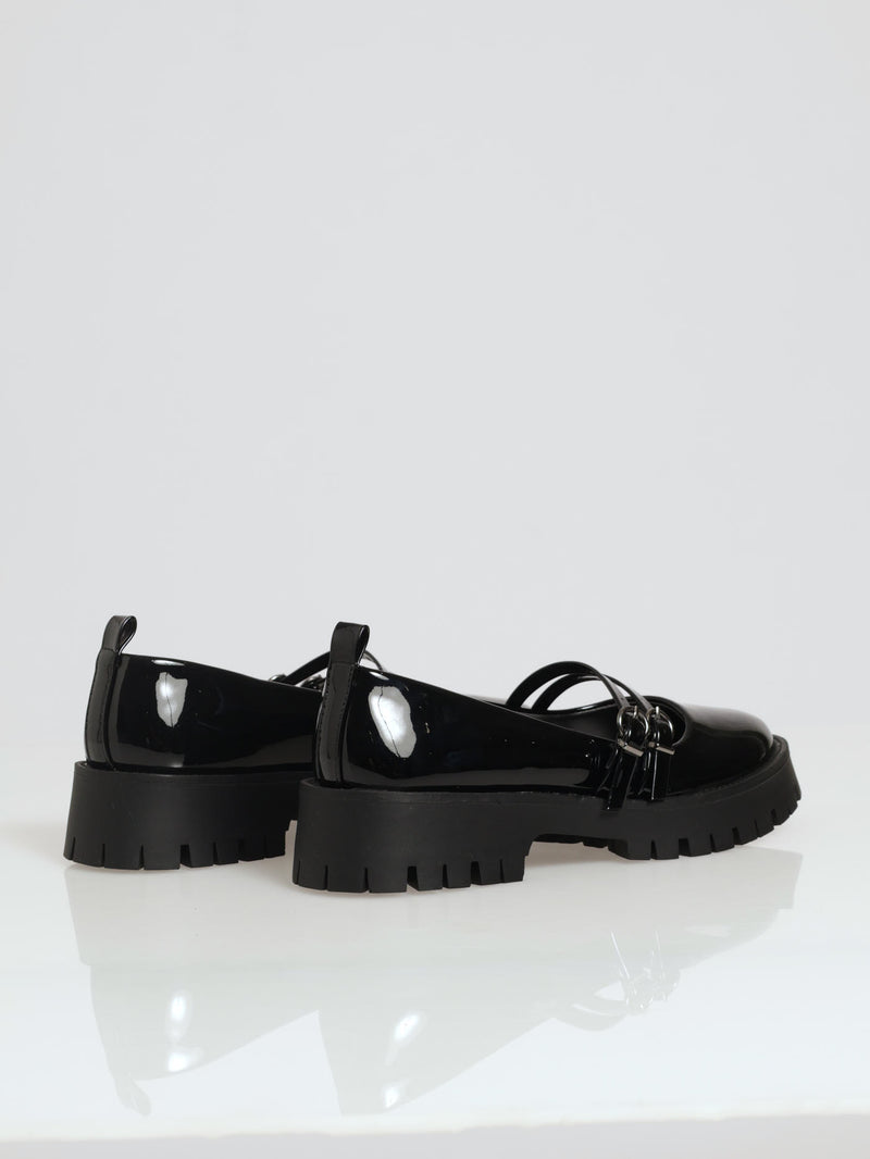 Chunky Double Strap Patent Mary Jane Loafer - Black