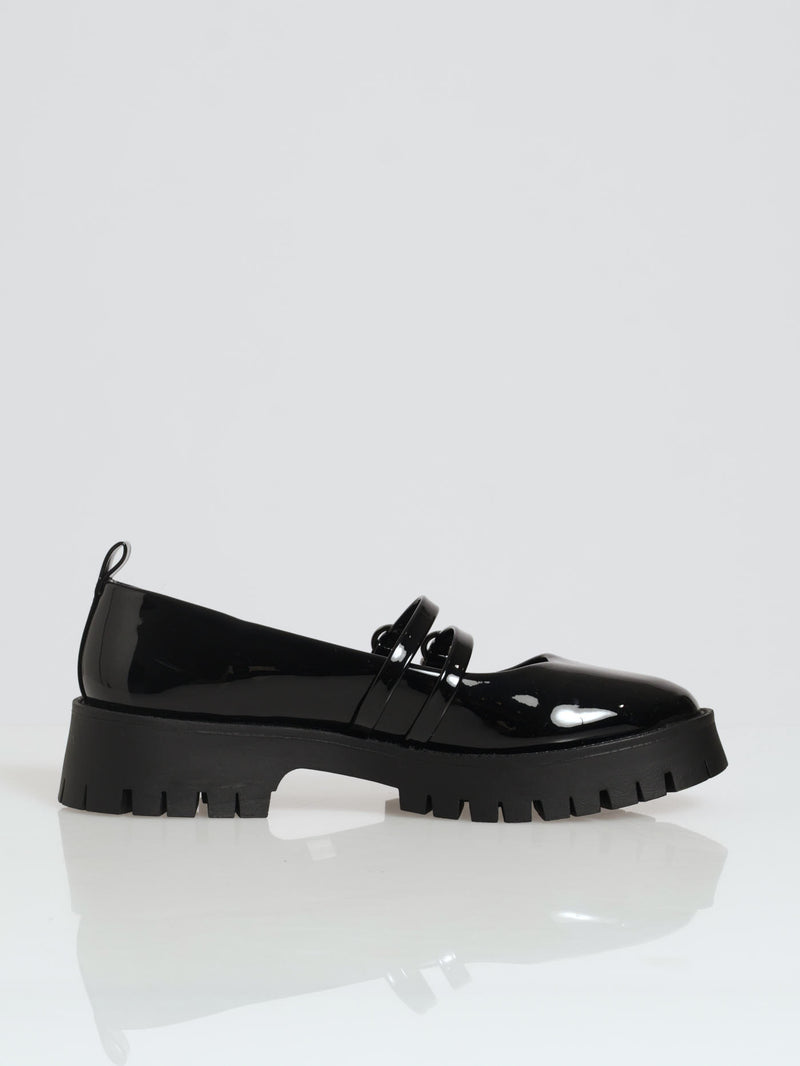 Chunky Double Strap Patent Mary Jane Loafer - Black