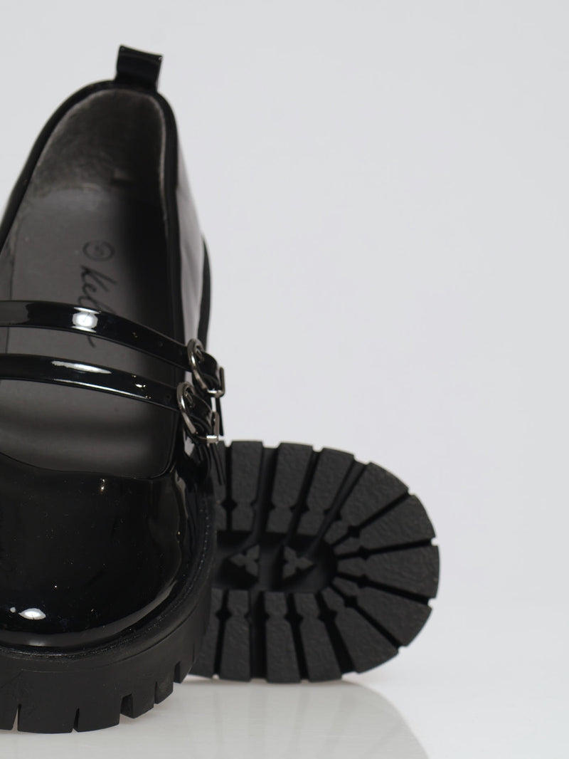 Chunky Double Strap Patent Mary Jane Loafer - Black