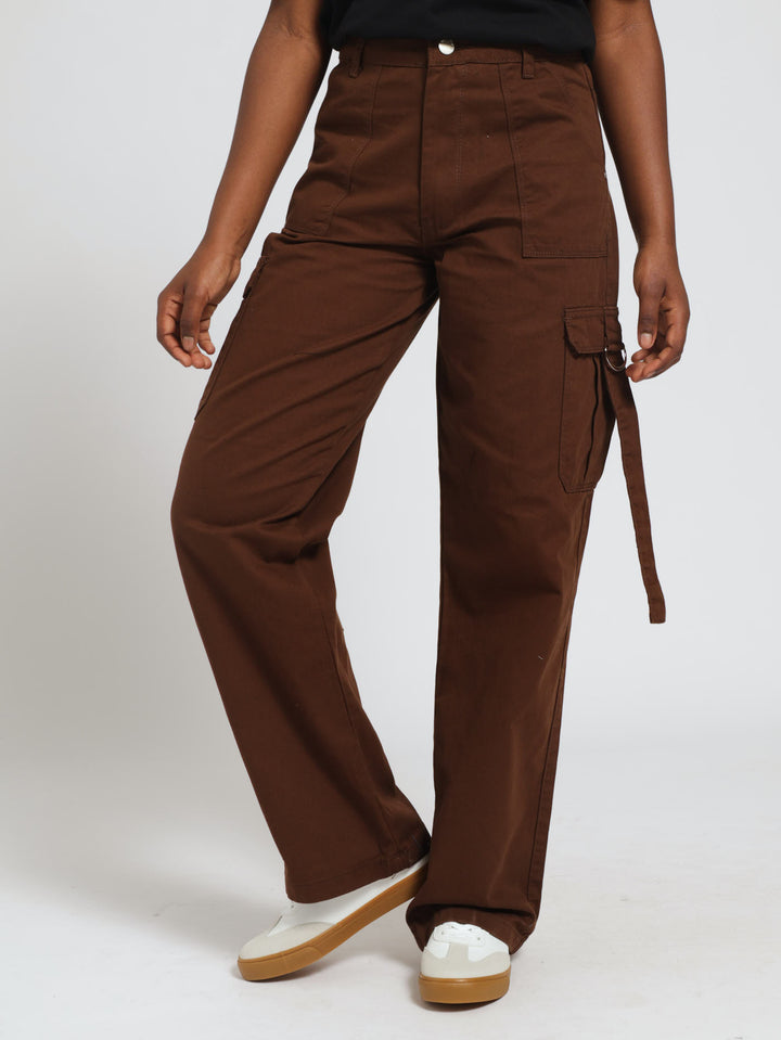 Girls Twill Cargo Pants With Straps - Brown