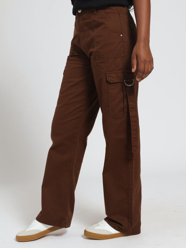 Girls Twill Cargo Pants With Straps - Brown
