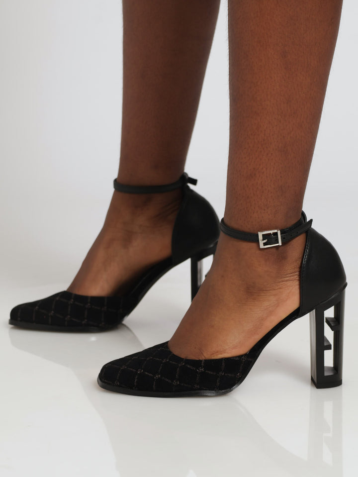 Rendered Monogram Pointy Open Waist Court Heel - Black